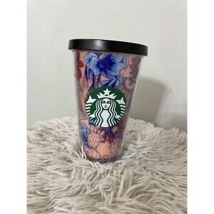 Starbucks Blue Red Cactus Flower Desert Acrylic Cup Tumbler 16 oz No Straw